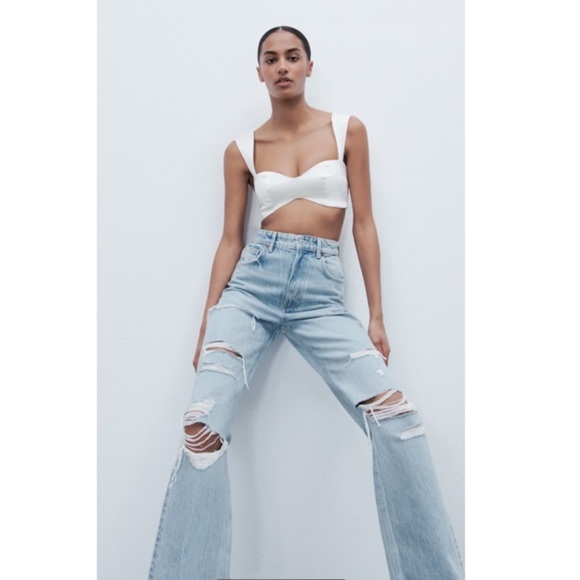 BRAND NEW! INFLUENCER ZARA High Rise Ripped Wide Leg Light Blue Jeans Size 2 - Picture 10 of 15
